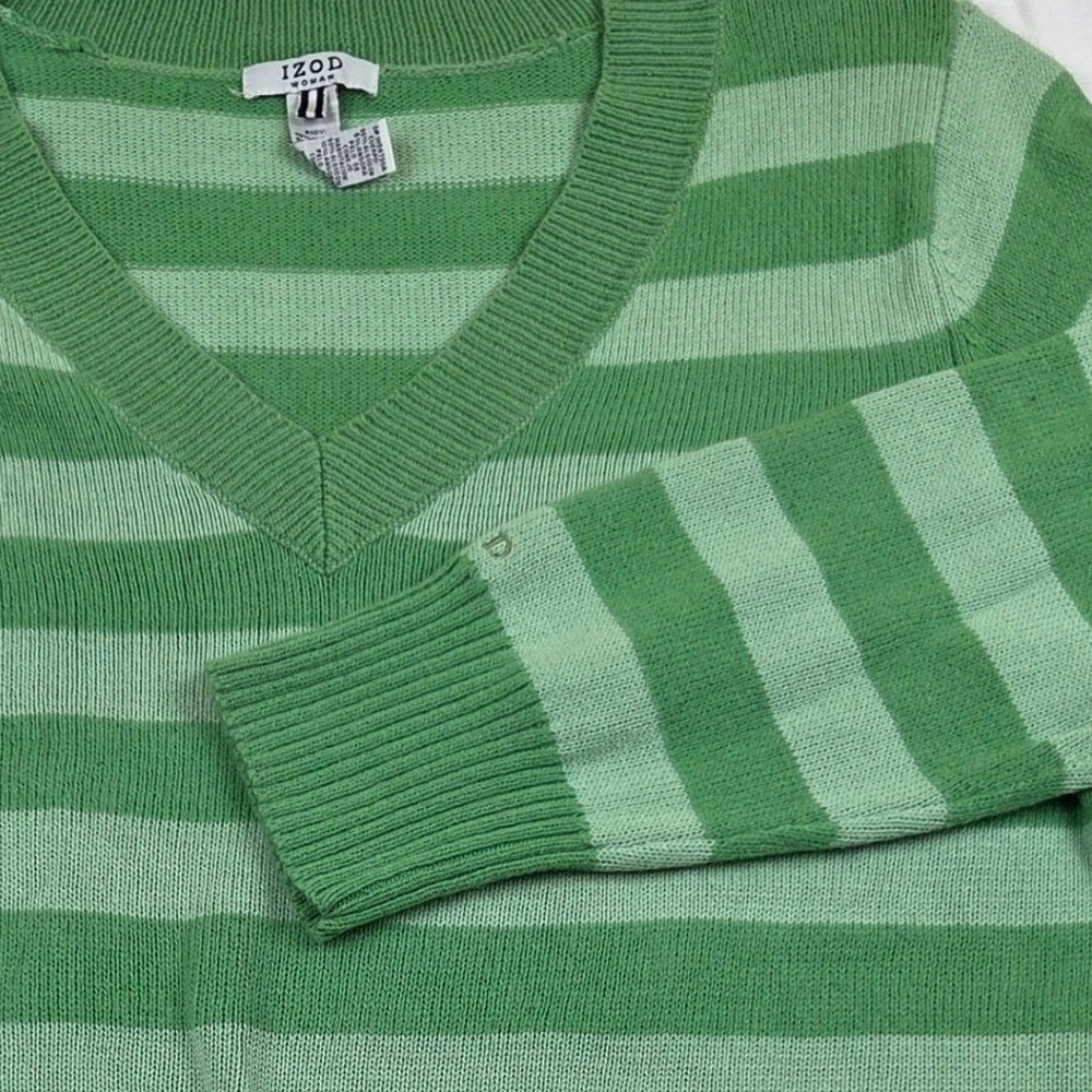 IZOD Woman Green Striped V-Neck Sweater Cotton Angora Rabbit Blend 1X Preppy AU